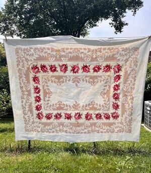 Vintage Tablecloth with Red and Pink Roses and Leaves